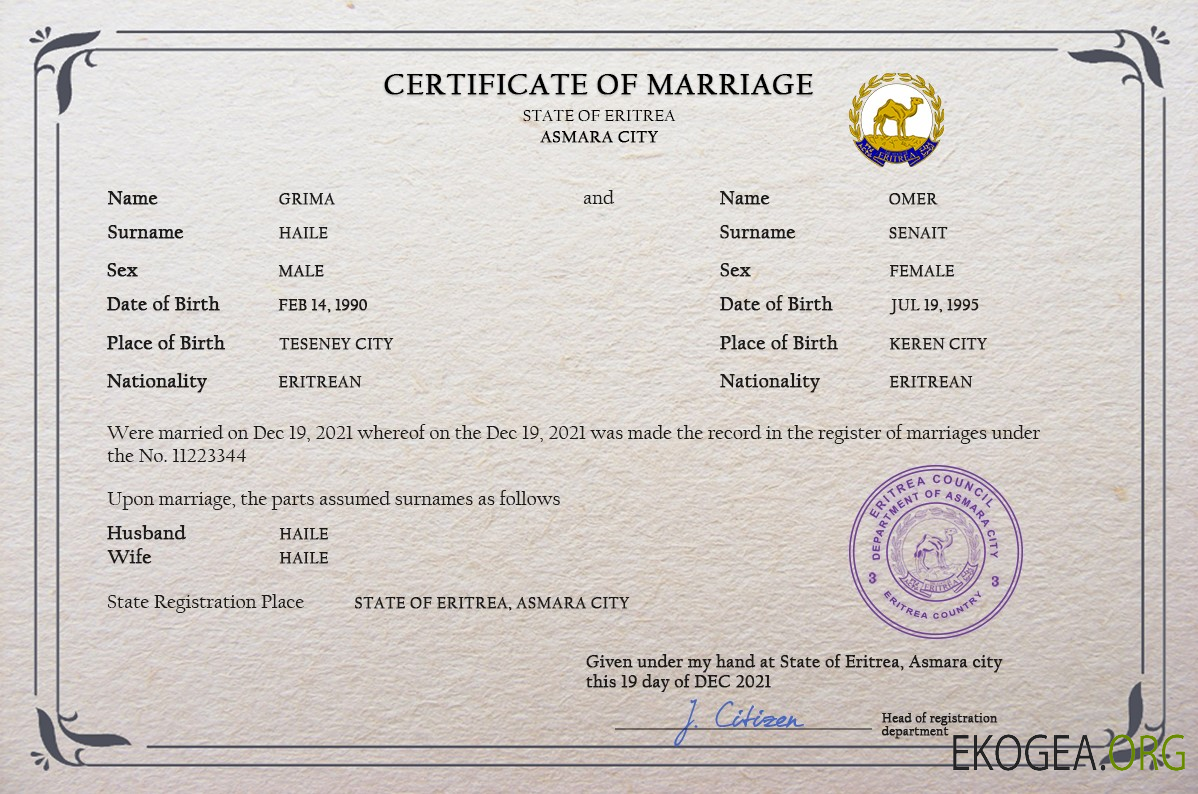 Modèle PSD de certificat de mariage en Érythrée